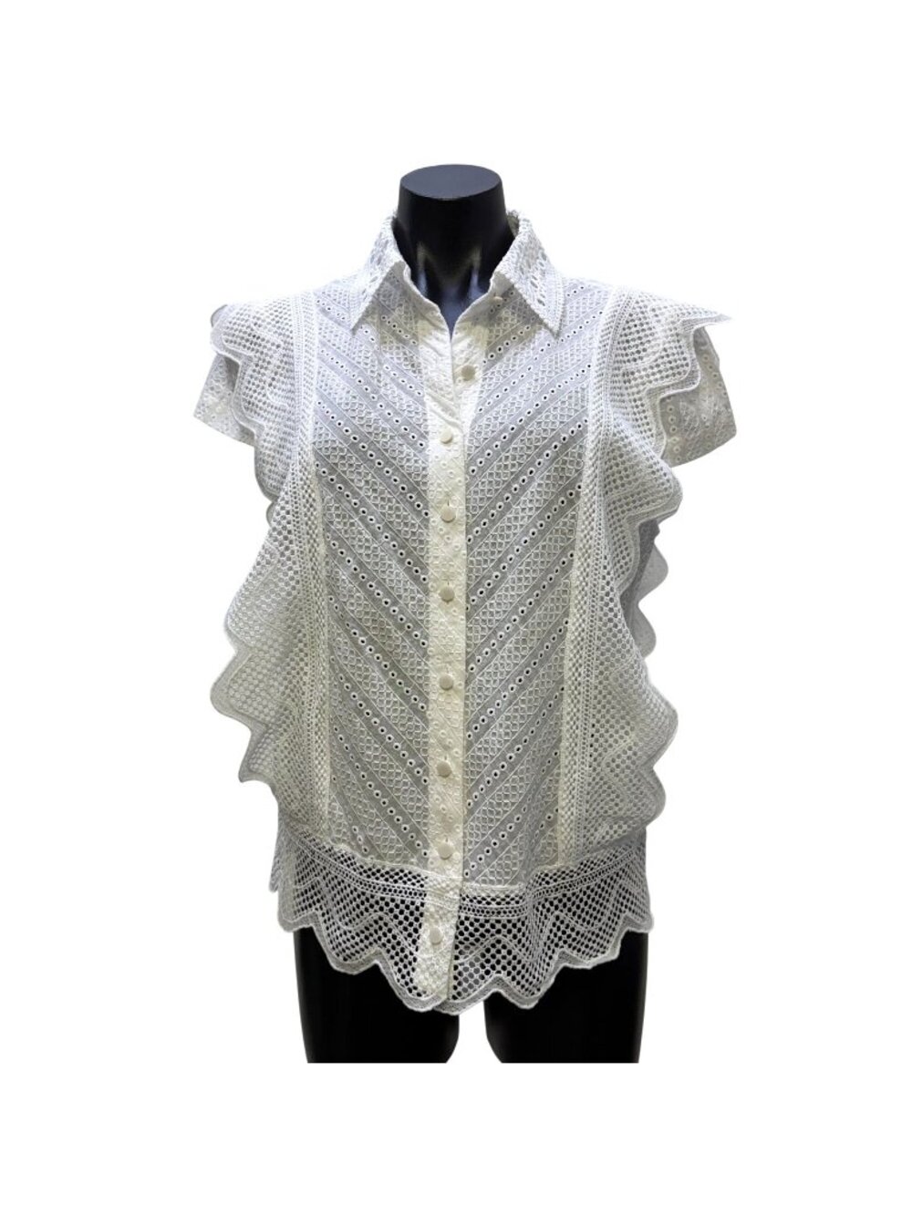 A.Z.I White Eyelet Lace Blouse With Ruffle Sleeves & Button Front M